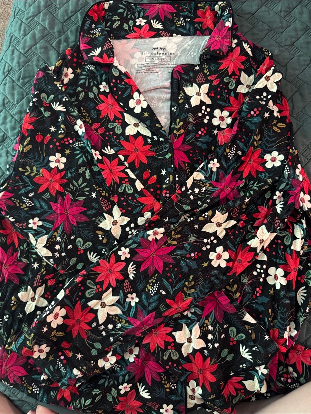 Little Sleepies Black Floral Button-Down Shirt with Red, Pink & Cream Flowers